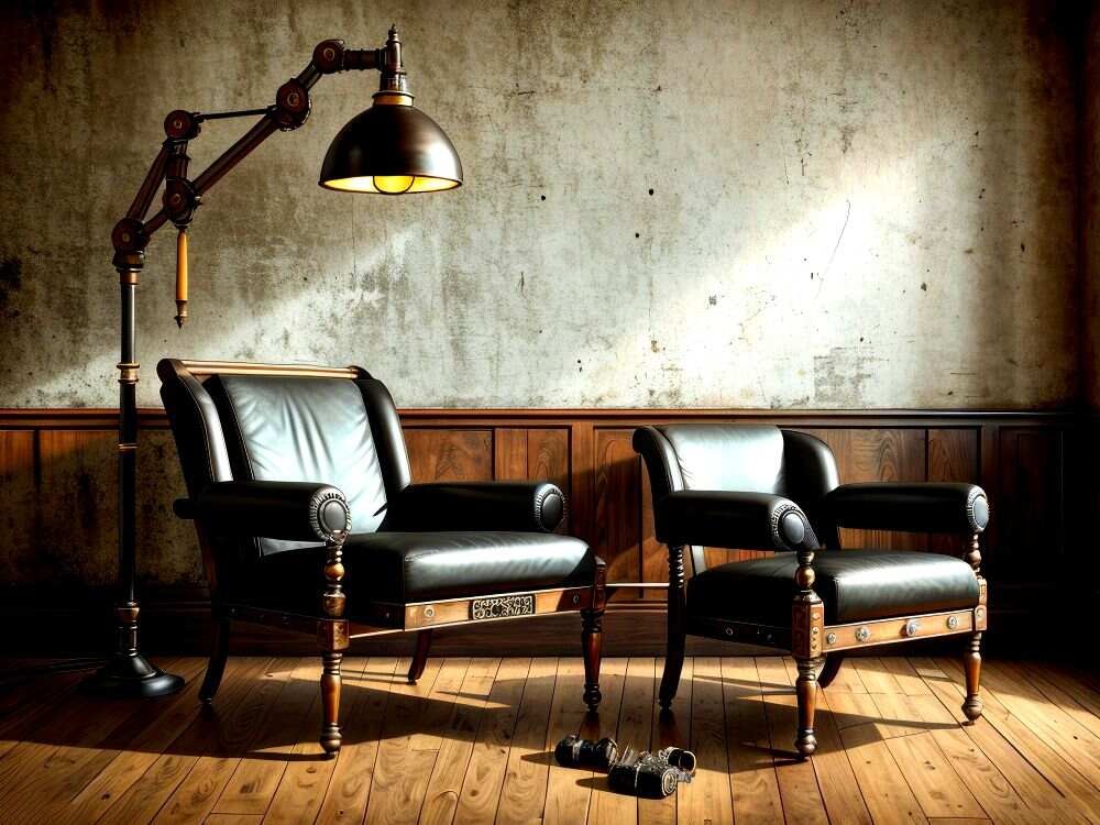 An image showing a pair of vintage wooden chairs upholstered in black leather.