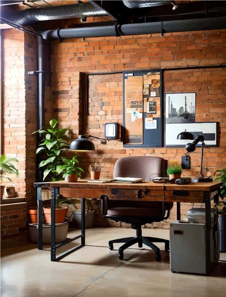 An office installed in a visibly industrial space, where exposed brick walls and pipes stand out. The office includes a vintage desk accompanied by decorative plants.