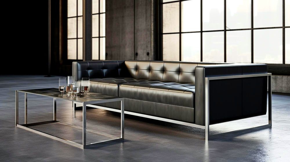 Modern black leather sofa with a quilted finish and a metal base, accompanied by a minimalist coffee table made entirely of metal.