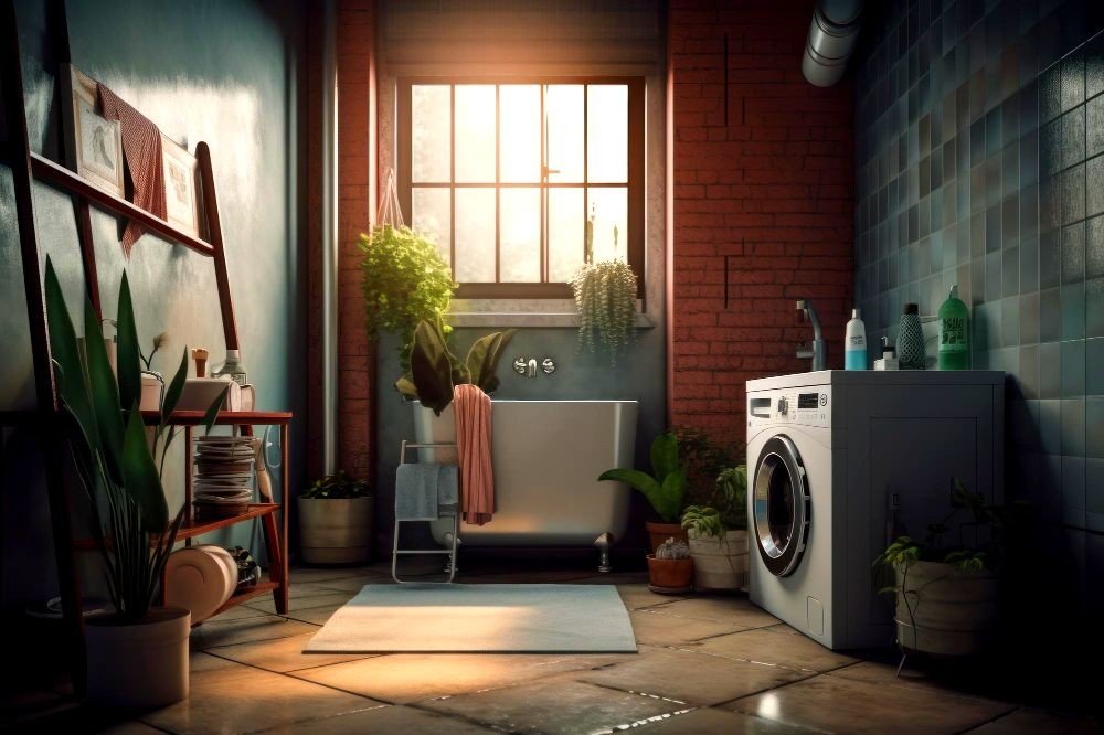 Sink room in an industrial space, equipped only with the items needed for washing clothes and dishes, so it is not ostentatious but highly functional.