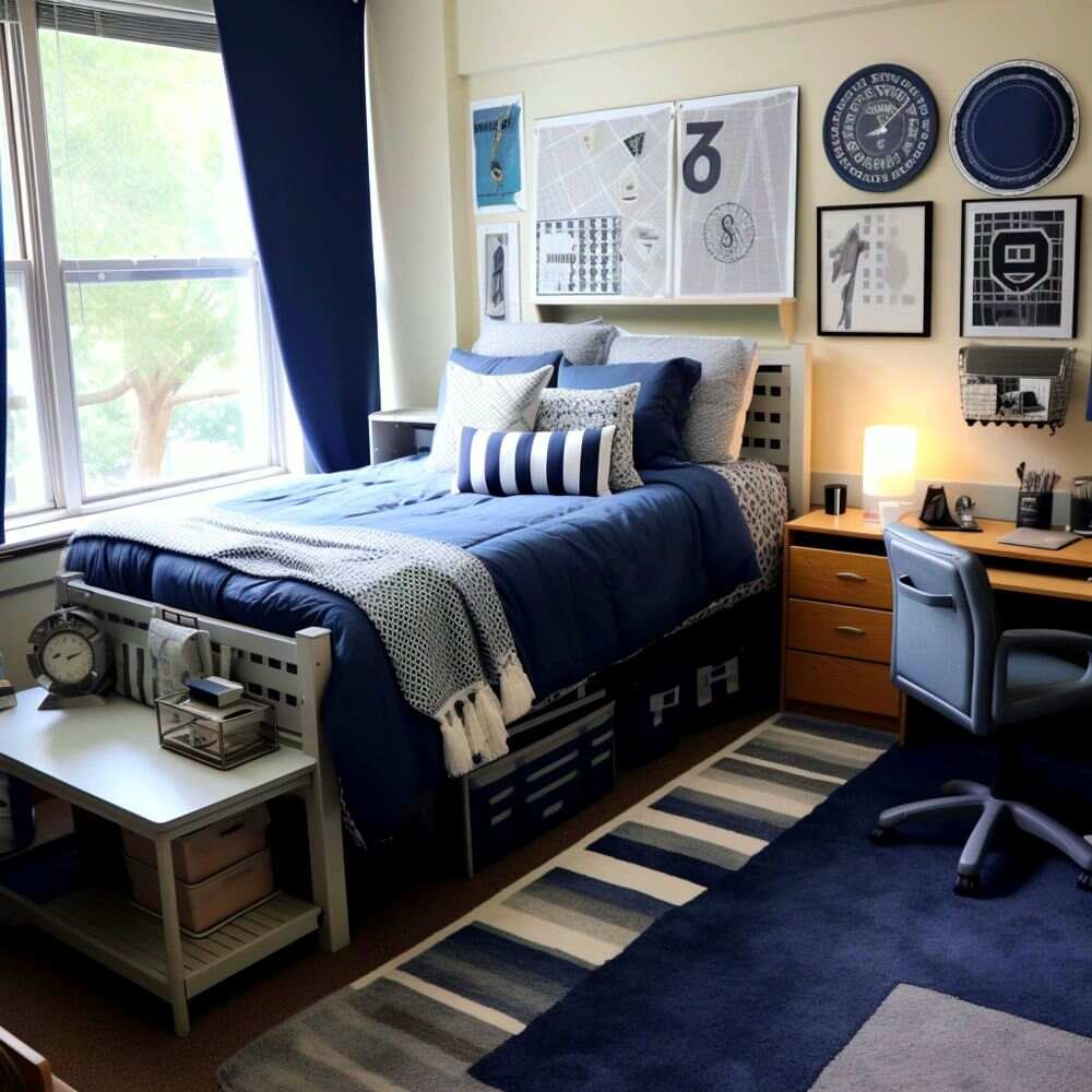 The photograph shows a masculine youth bedroom, where blue dominates the decor combined with white and gray tones. In addition, furniture with a more mature and functional design is used.