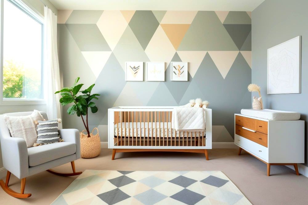A photograph of a child's bedroom highlighting its beautiful minimalist crib accompanied by a changing table. It also includes a gray upholstered rocking chair.