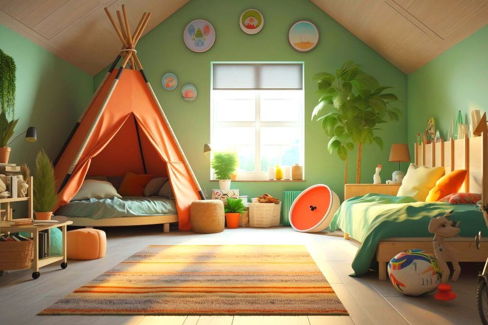 A children's room dominated by greenish tones