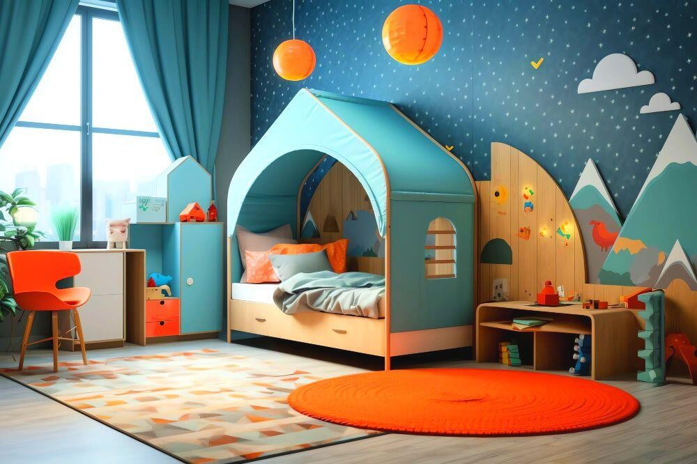 A boy's room with a starry sky design and mountains