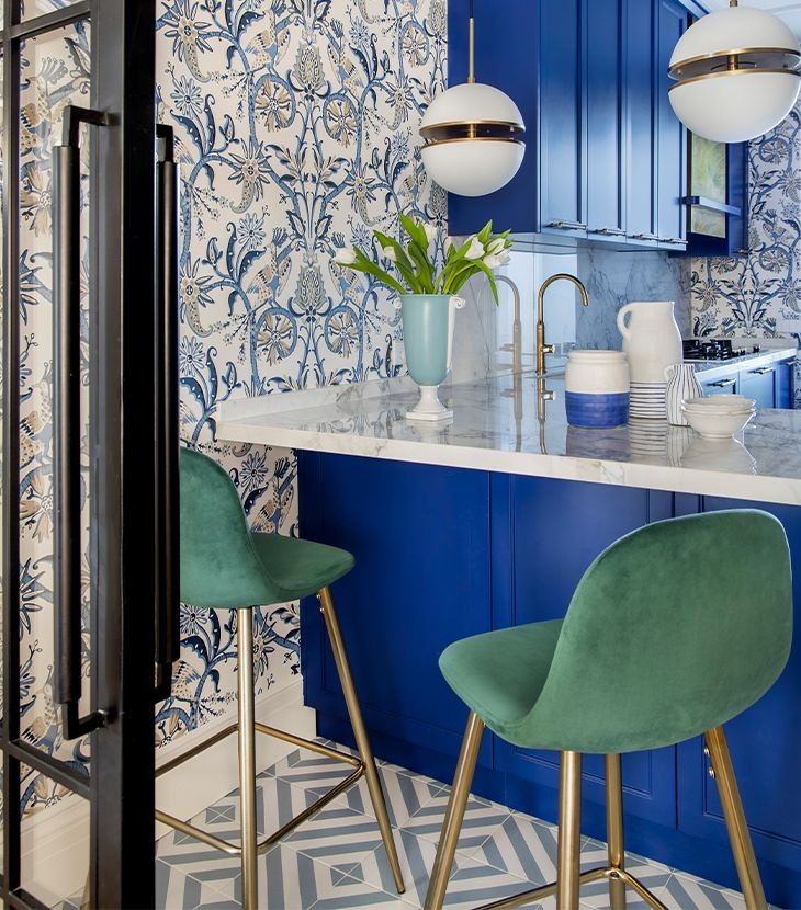 Wallpaper and blue furniture