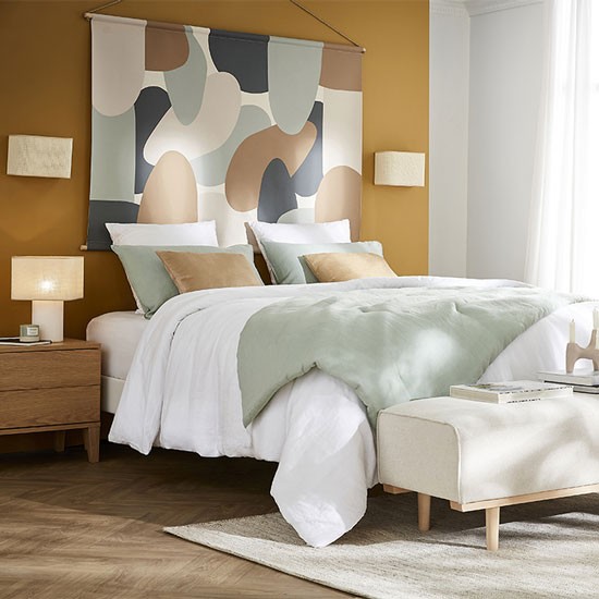 Scandinavian bedroom in pastel tones