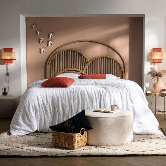 velvet pouf in a Scandinavian bedroom
