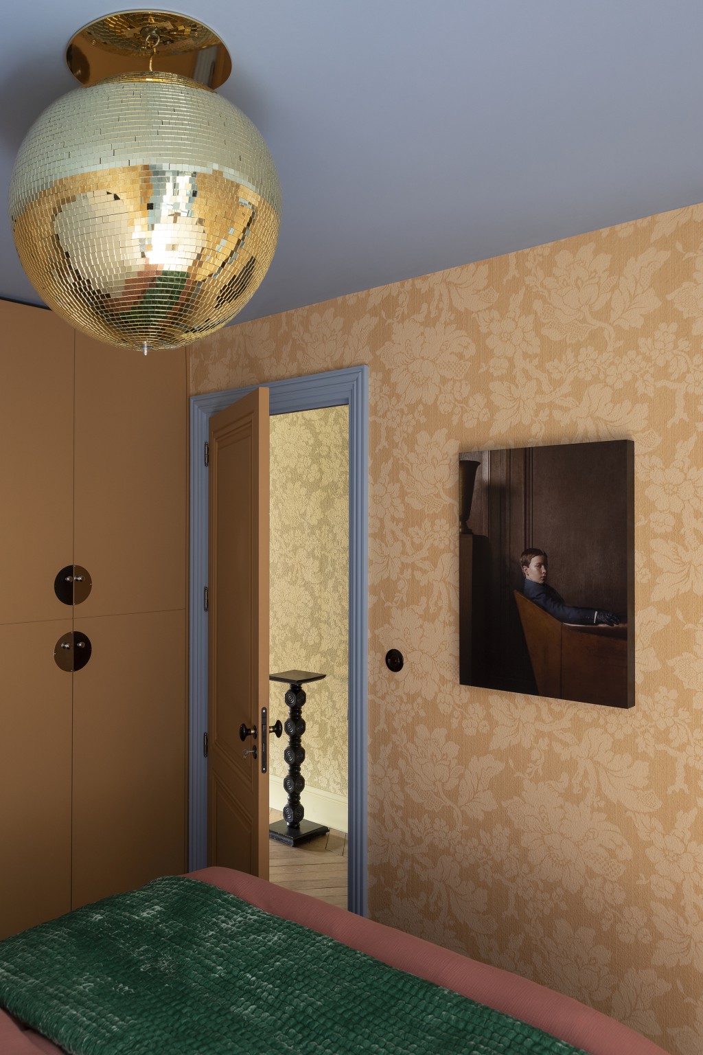 A bedroom with a golden light