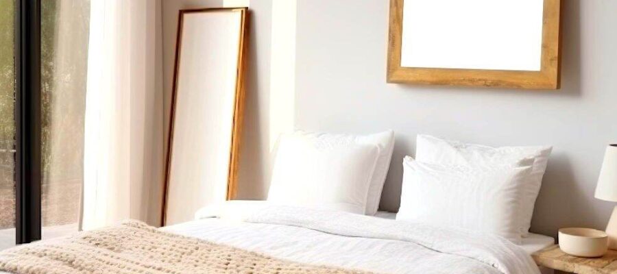 A photograph of a double bedroom with a decor that makes extensive use of white tones, complemented by wooden accessories for a neutral and comfortable atmosphere.