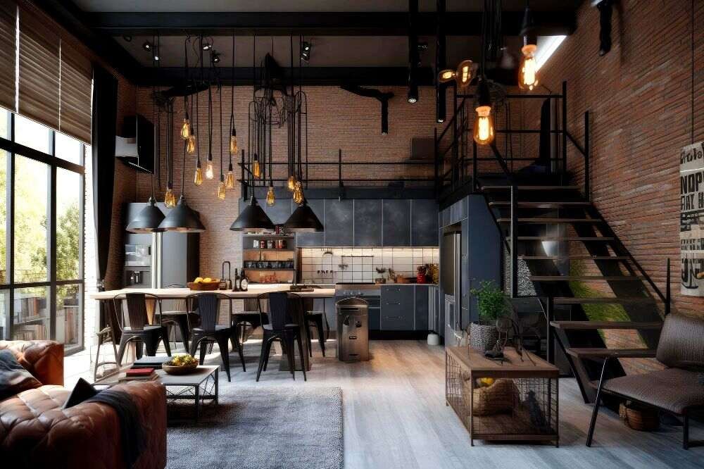 The photo shows a fully adapted apartment in an industrial building, offering an open layout for essential furniture and a few extra comforts.