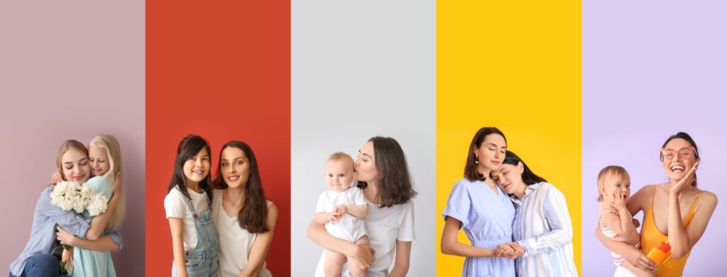 colaj cu mame fericite si copiii lor pe fundal color
